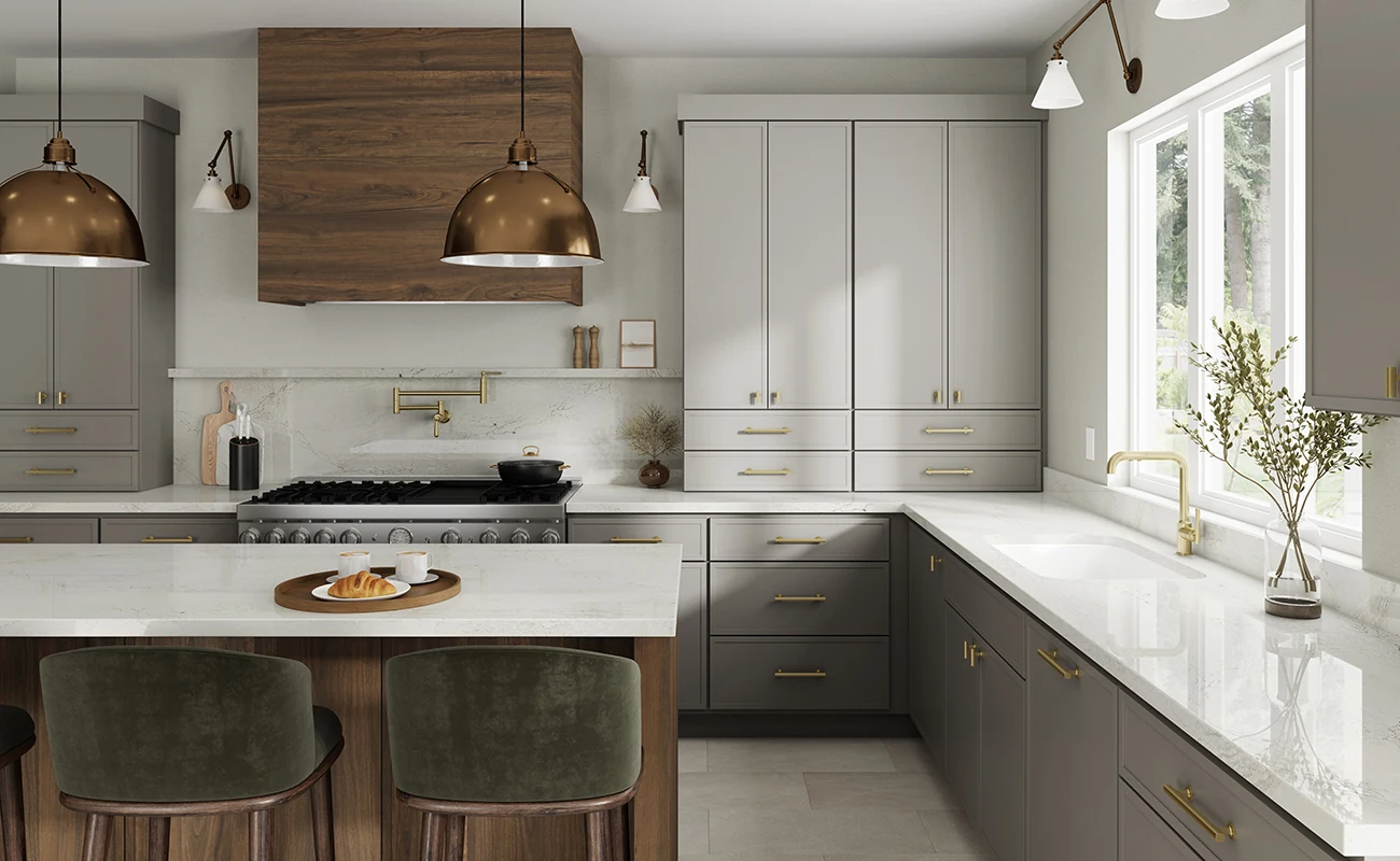 Bertch Walker light-gray skinny shaker kitchen with quartz island
